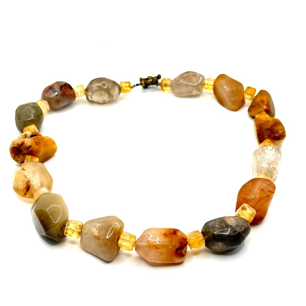 Vintage 90s Brown Gold Rutilated Quartz Citrine Chunky Nugget Statement Necklace